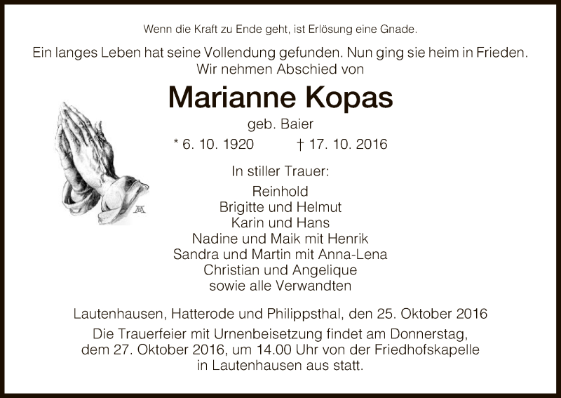  Traueranzeige für Marianne Kopas vom 25.10.2016 aus Hersfeld