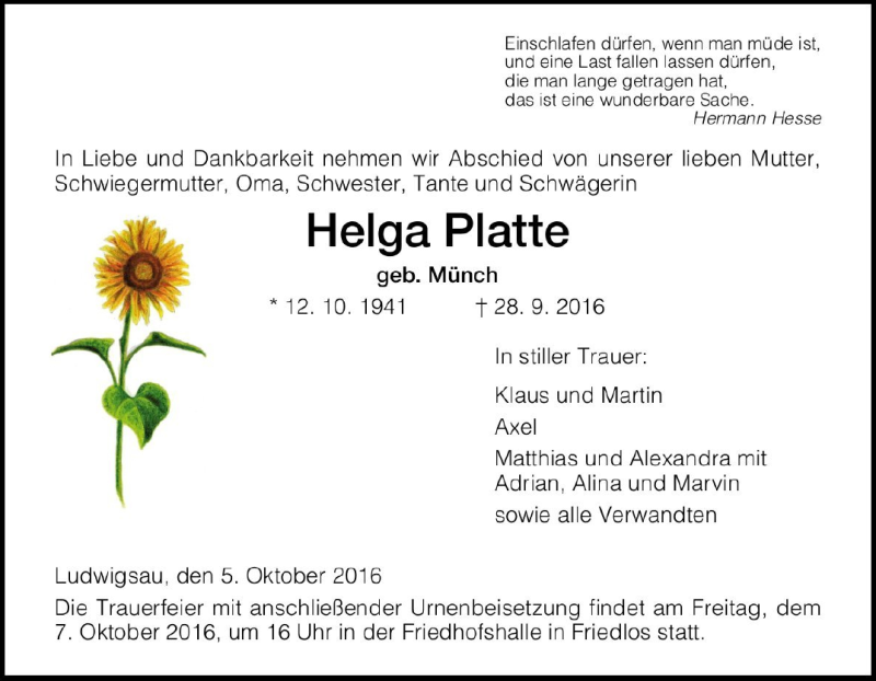  Traueranzeige für Helga Platte vom 05.10.2016 aus Hersfeld