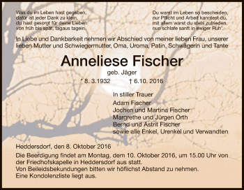 Traueranzeige von Anneliese Fischer von Hersfeld