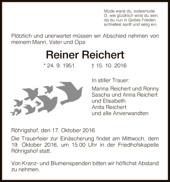 Traueranzeige von Reiner Reichert von Hersfeld