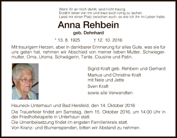 Traueranzeige von Anna Rehbein von Hersfeld