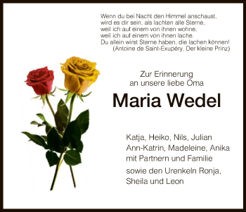 Traueranzeige von Maria Wedel von Hersfeld