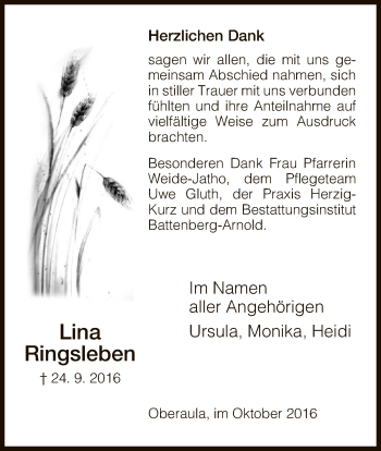 Traueranzeige von Lina Ringsleben von Hersfeld