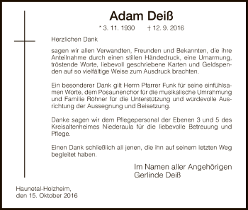 Traueranzeige von Adam Deiß von Hersfeld