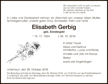 Traueranzeige von Elisabeth Gerbig von Hersfeld