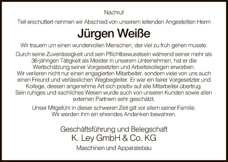  Traueranzeige für Jürgen Weiße vom 20.10.2016 aus Hersfeld