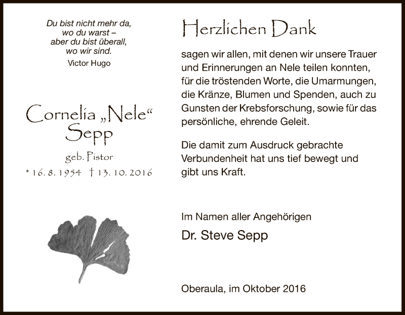  Traueranzeige für Cornelia Sepp vom 29.10.2016 aus Hersfeld