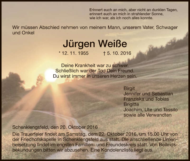  Traueranzeige für Jürgen Weiße vom 20.10.2016 aus Hersfeld