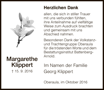 Traueranzeige von Margarethe Klippert von Hersfeld