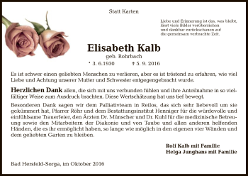 Traueranzeige von Elisabeth Kalb von Hersfeld