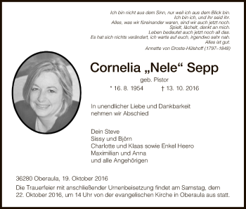 Traueranzeige von Cornelia Sepp von Hersfeld