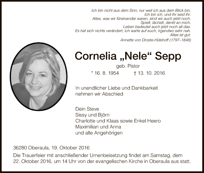  Traueranzeige für Cornelia Sepp vom 19.10.2016 aus Hersfeld