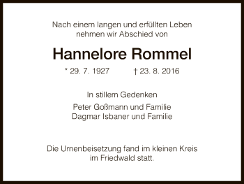 Traueranzeige von Hannelore Rommel von Hersfeld