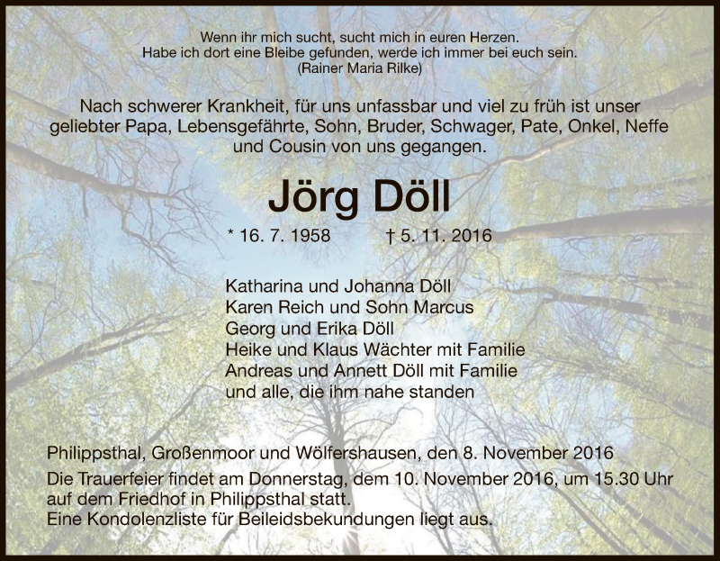  Traueranzeige für Jörg Döll vom 08.11.2016 aus Hersfeld