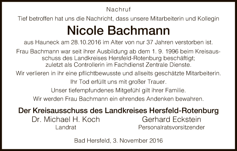  Traueranzeige für Nicole Bachmann vom 03.11.2016 aus Hersfeld