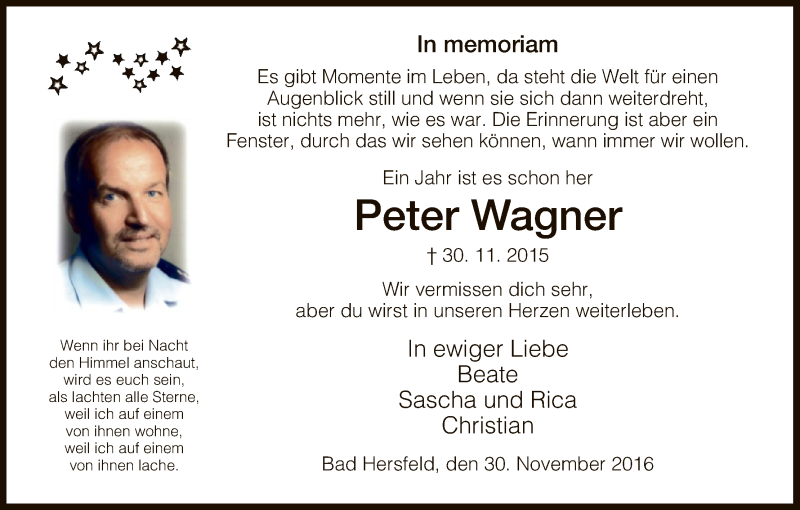  Traueranzeige für Peter Wagner vom 30.11.2016 aus Hersfeld