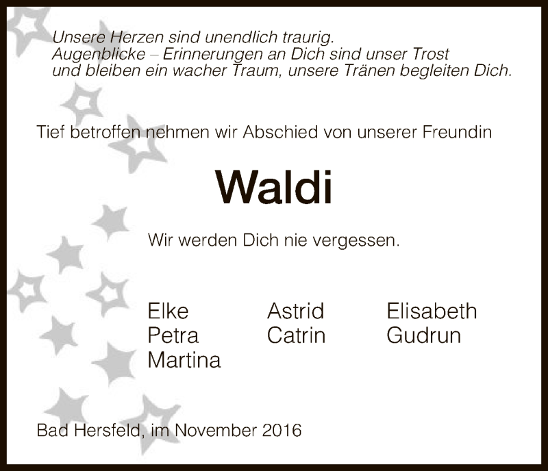  Traueranzeige für Waltraud Corell vom 30.11.2016 aus Hersfeld