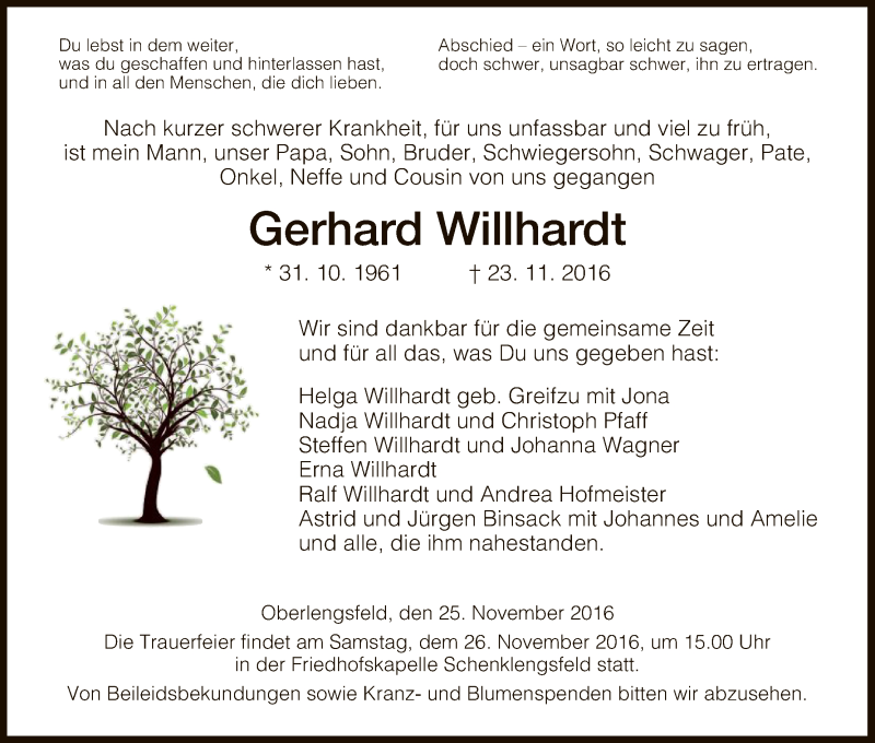  Traueranzeige für Gerhard Willhardt vom 25.11.2016 aus Hersfeld