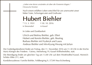 Traueranzeige von Hubert Biehler von Hersfeld