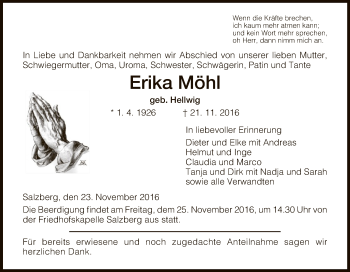 Traueranzeige von Erika Möhl von Hersfeld