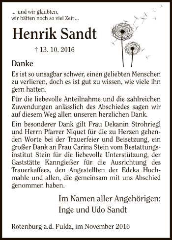 Traueranzeige von Henrik Sandt von Hersfeld