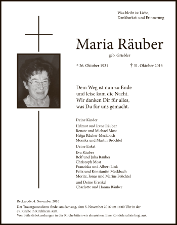 Traueranzeige von Maria Räuber von Hersfeld