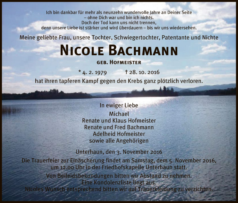  Traueranzeige für Nicole Bachmann vom 03.11.2016 aus Hersfeld