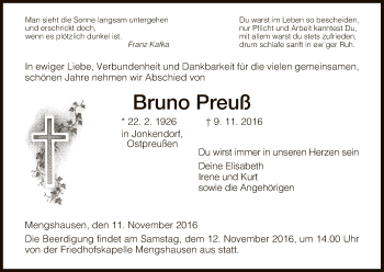 Traueranzeige von Bruno Preuß von Hersfeld