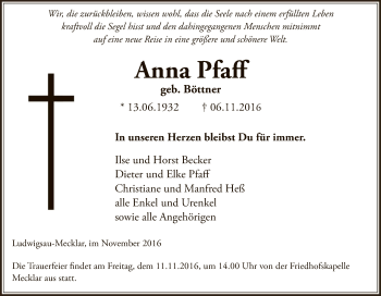 Traueranzeige von Anna Pfaff von Hersfeld