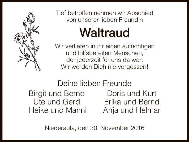  Traueranzeige für Waltraud Corell vom 30.11.2016 aus Hersfeld