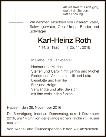 Traueranzeige von Karl-Heinz Roth von Hersfeld