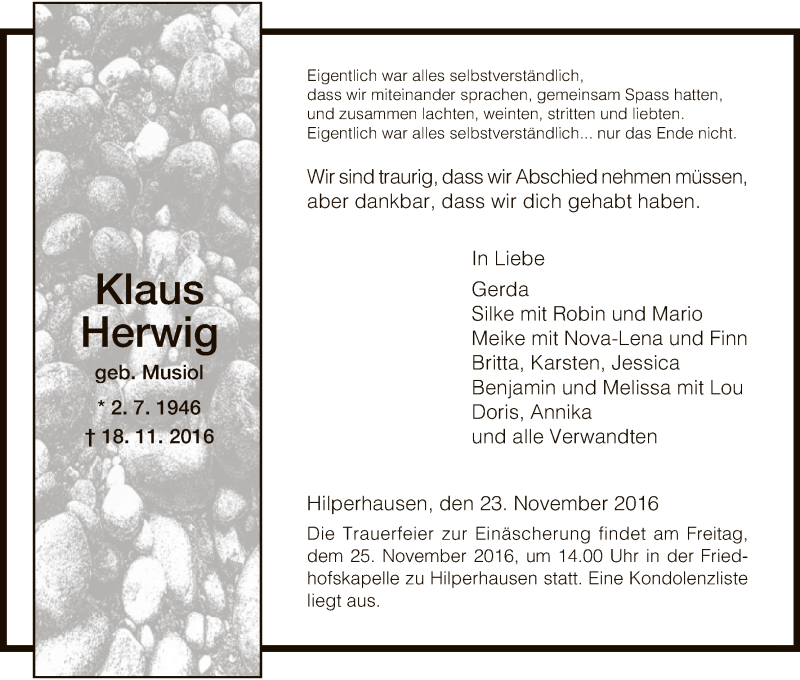  Traueranzeige für Klaus Herwig vom 23.11.2016 aus Hersfeld