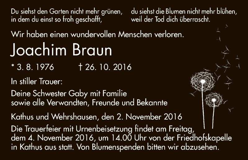  Traueranzeige für Joachim Braun vom 02.11.2016 aus Hersfeld