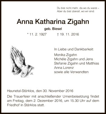 Traueranzeige von Anna Katharina Zigahn von Hersfeld