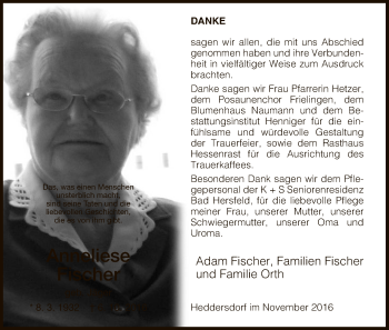 Traueranzeige von Anneliese Fischer von Hersfeld