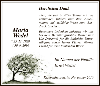 Traueranzeige von Maria Wedel von Hersfeld