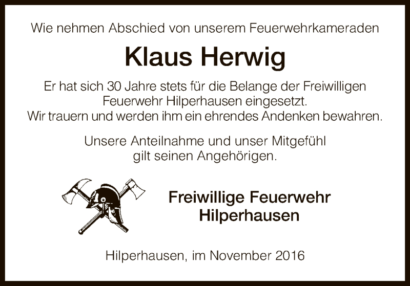  Traueranzeige für Klaus Herwig vom 23.11.2016 aus Hersfeld