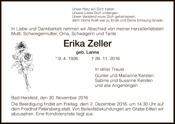 Traueranzeige von Erika Zeller von Hersfeld