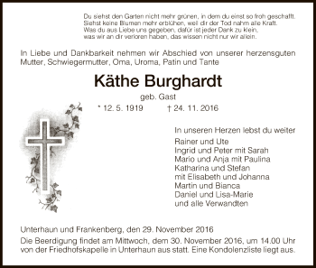 Traueranzeige von Käthe Burghardt von Hersfeld