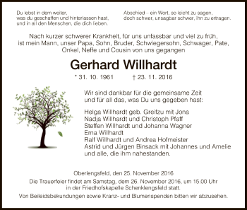 Traueranzeige von Gerhard Willhardt von Hersfeld