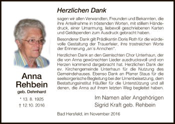 Traueranzeige von Anna Rehbein von Hersfeld