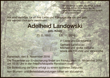 Traueranzeige von Adelheid Landowski von Hersfeld