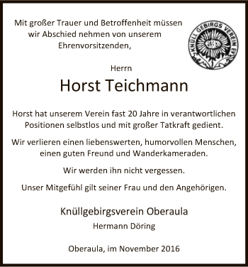 Traueranzeige von Horst Teichmann von Hersfeld