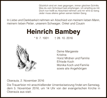 Traueranzeige von Heinrich Bambey von Hersfeld