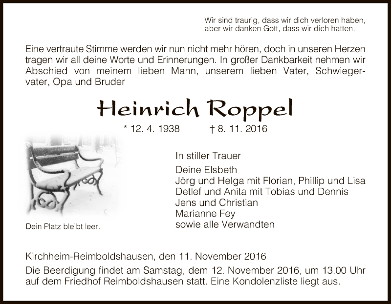  Traueranzeige für Heinrich Roppel vom 11.11.2016 aus Hersfeld