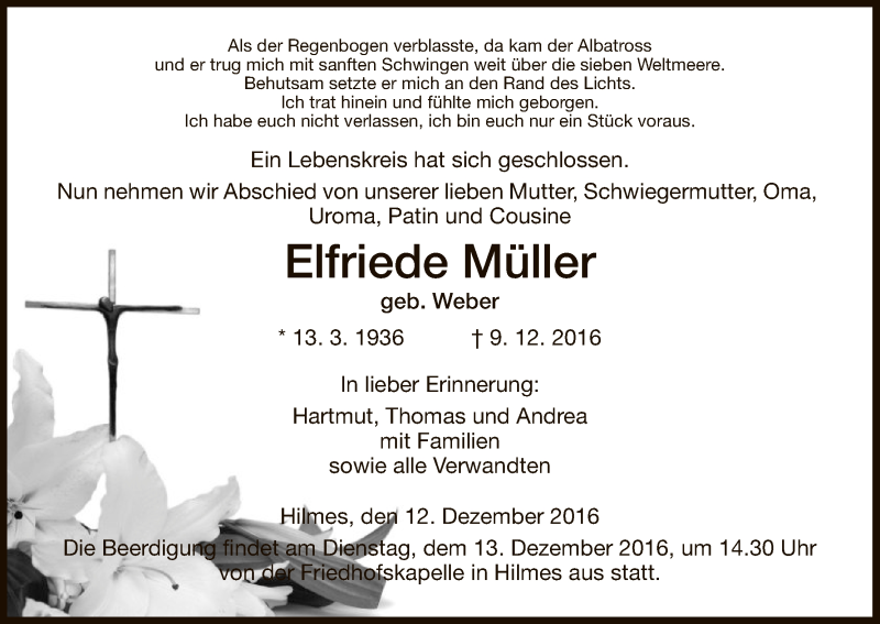  Traueranzeige für Elfriede Müller vom 12.12.2016 aus Hersfeld