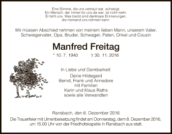 Traueranzeige von Manfred Freitag von Hersfeld