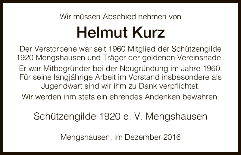  Traueranzeige für Helmut Kurz vom 28.12.2016 aus Hersfeld