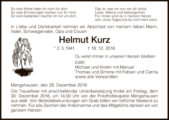 Traueranzeige von Helmut Kurz von Hersfeld