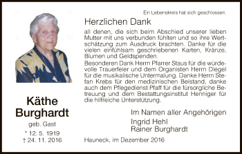 Traueranzeige von Käthe Burghardt von Hersfeld